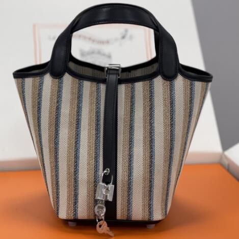 【エルメス HERMES】ピコタン ロック 18 ブラック/ストライプ ハンドバッグ(100%手縫い)
